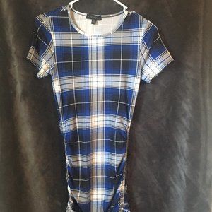 Faded Rose blue plaid dress with rouching sides and bottom ties